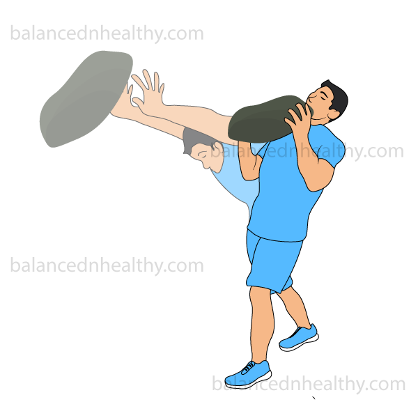 man in sports wear in 2 exercise movement positions throwing a big rock. 